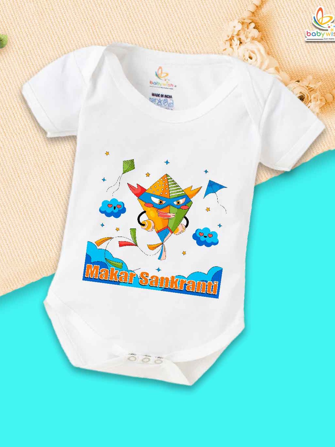 

Babywish Infants Graphic Printed Cotton Makar Sankranti Special Bodysuit, White