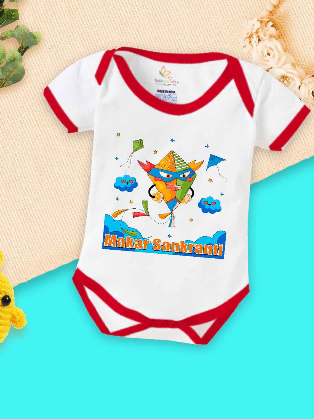 

Babywish Infants Printed Cotton Makar Sankranti Special Bodysuit, White