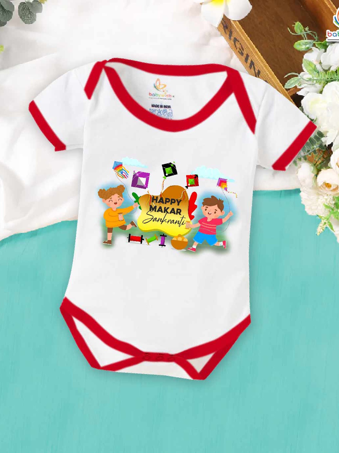

Babywish Infants Graphic Printed Cotton Makar Sankranti Special Bodysuit, White