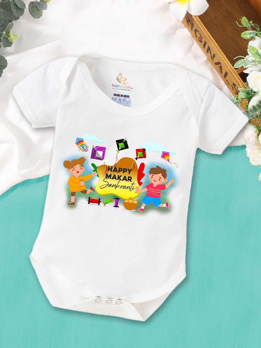 

Babywish Infants Graphic Printed Cotton Makar Sankranti Special Bodysuit, White
