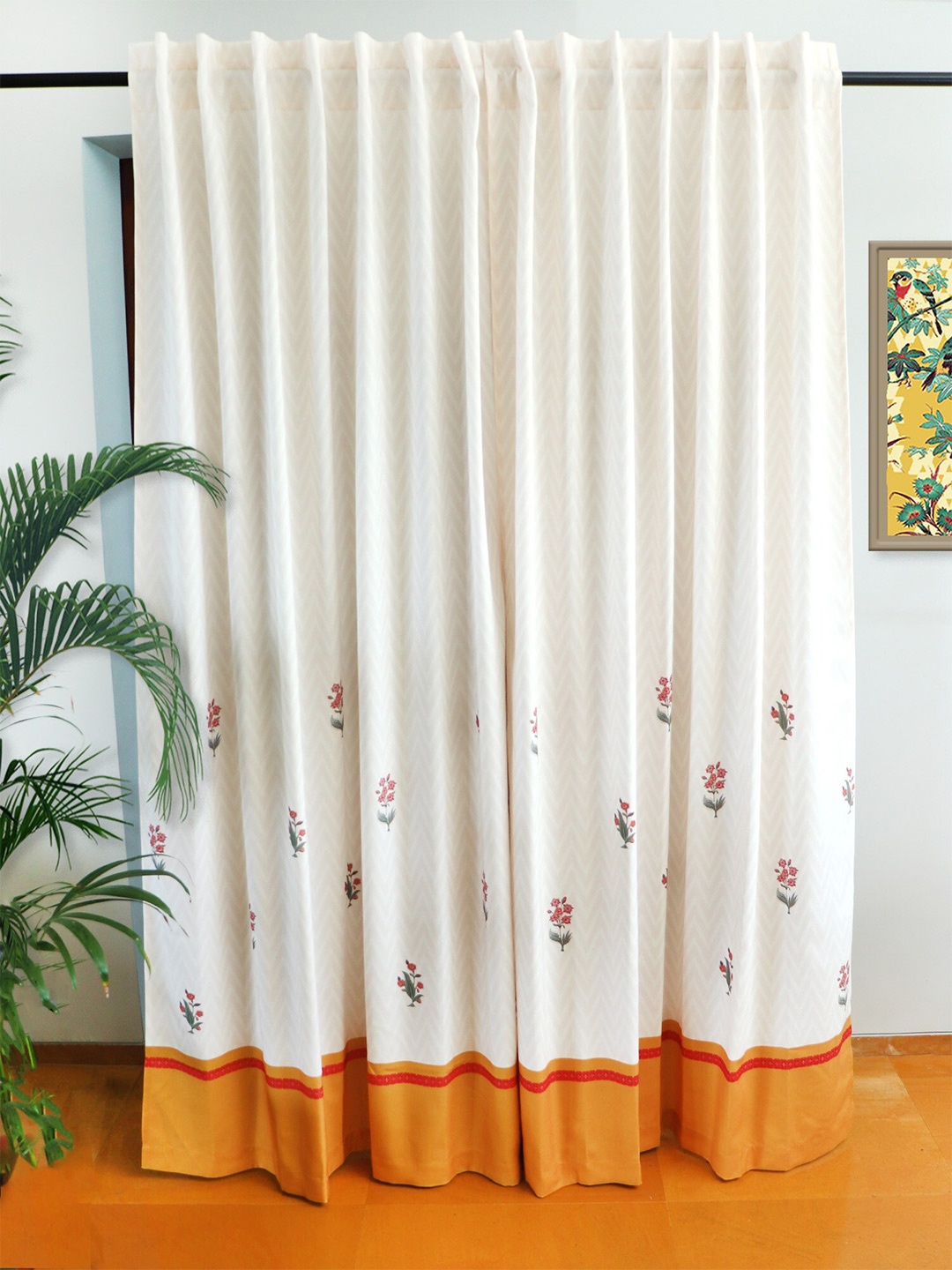 

ZEBA White & Orange 2 Pieces Floral Printed Black Out Door Curtains