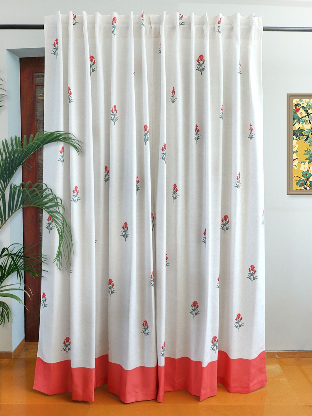 

ZEBA White & Red 2 Pieces Floral Printed Black Out Door Curtains