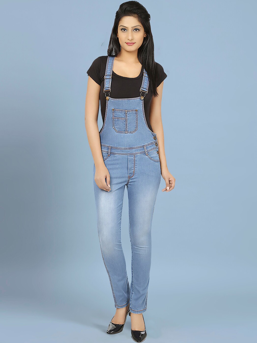 

urSense Women Slim Fit Washed Dungarees With T-Shirt, Blue
