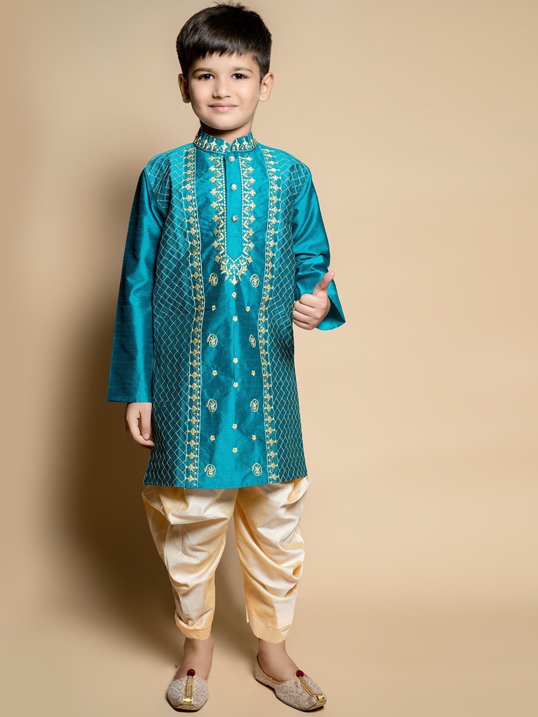 

BAESD Boys Embroidered Mandarin Collar Dupion Silk Straight Kurta with Patiala, Green