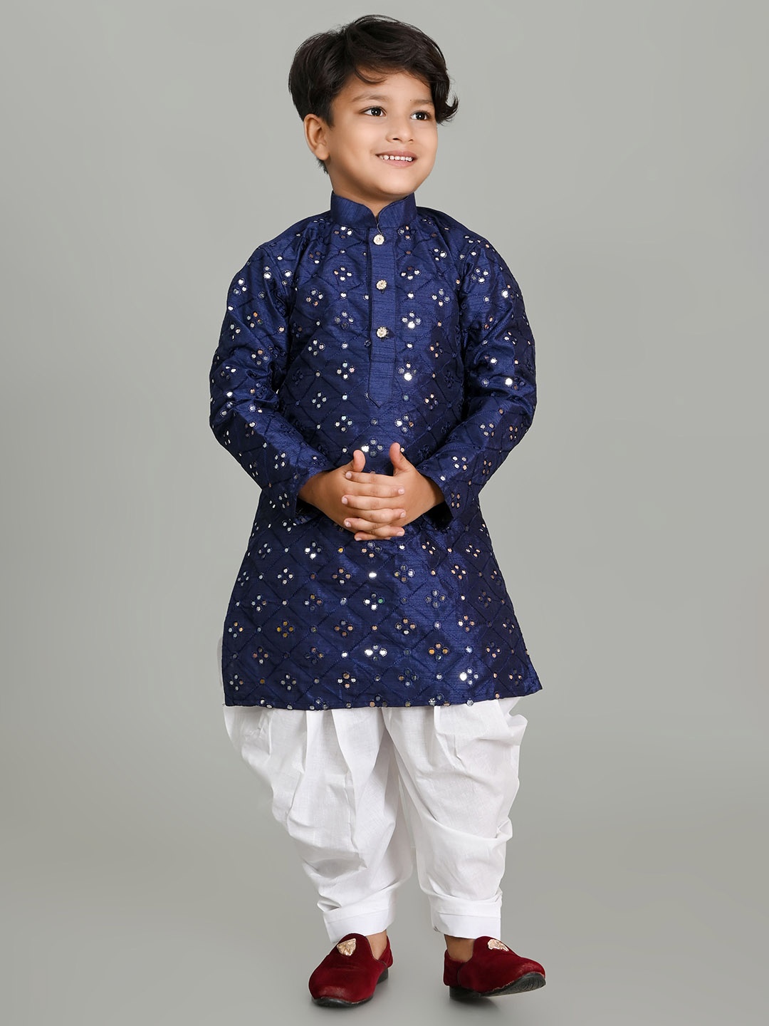 

BAESD Boys Embroidered Dupion Silk Straight Kurta With Patiala, Blue