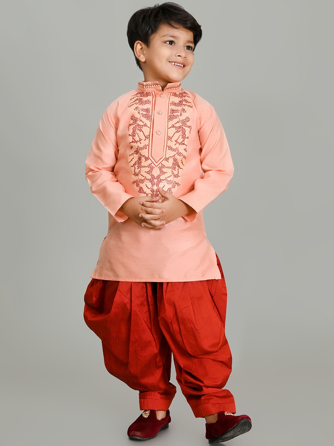 

BAESD Boys Embroidered Regular Dupion Silk Kurta with Patiala Set, Peach