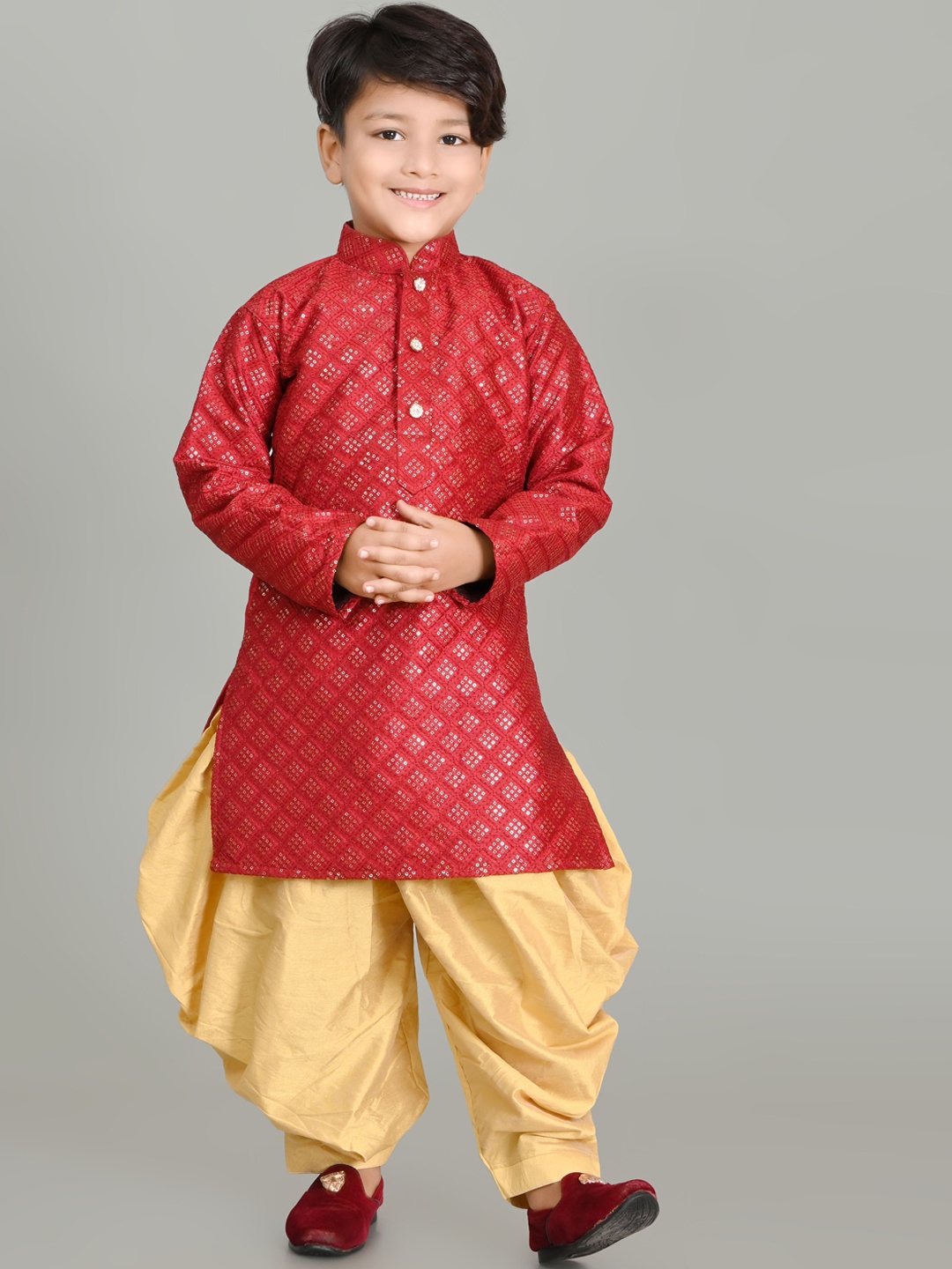 

BAESD Boys Embroidered Dupion Silk Straight Kurta With Patiala, Maroon