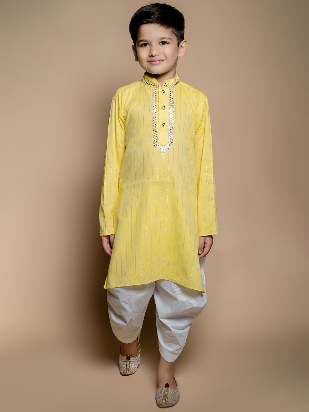 

BAESD Boys Embroidered Regular Mirror Work Kurta with Patiala Set, Yellow