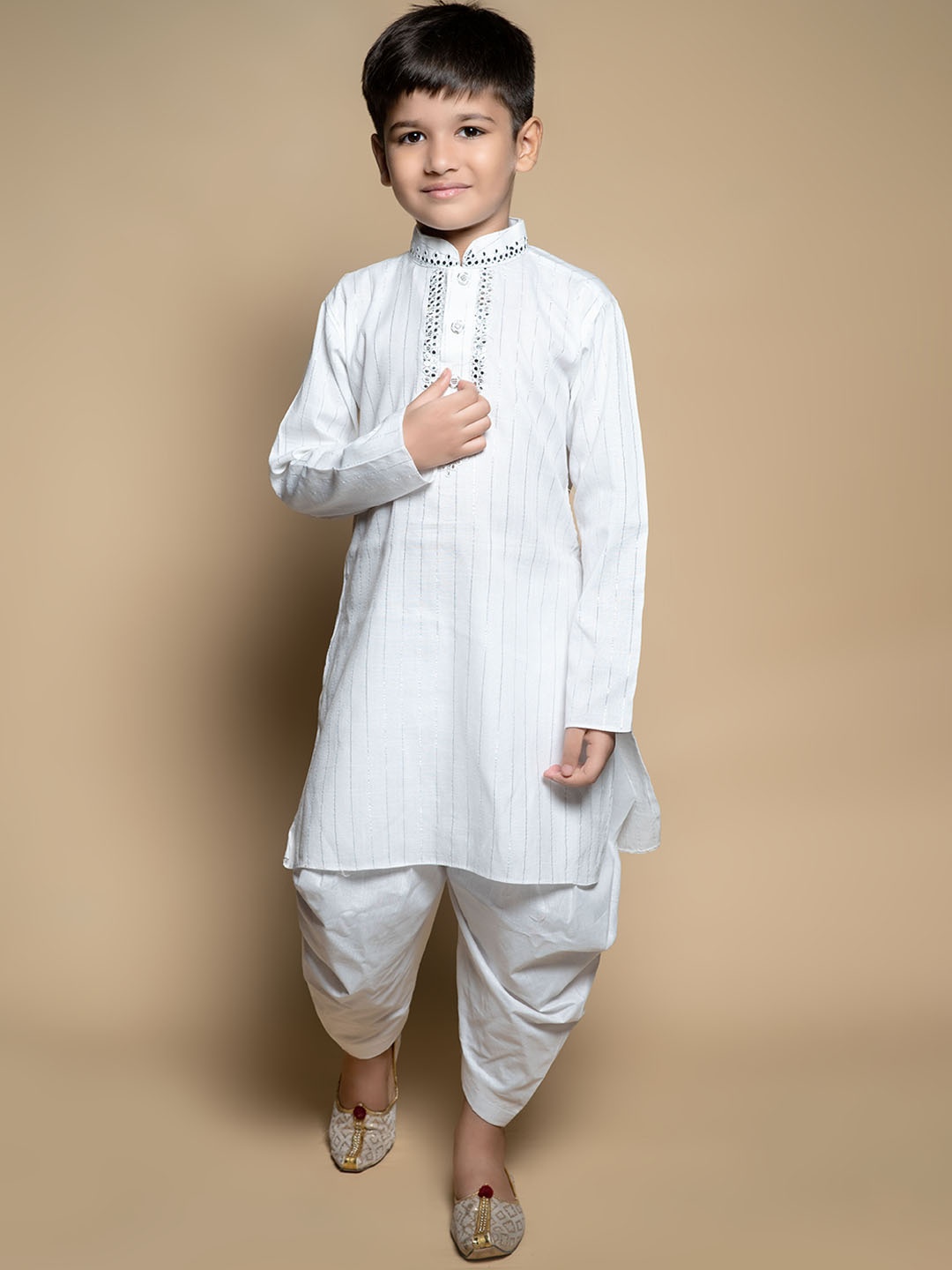 

BAESD Boys Embroidered Striped Straight Kurta With Patiala, White