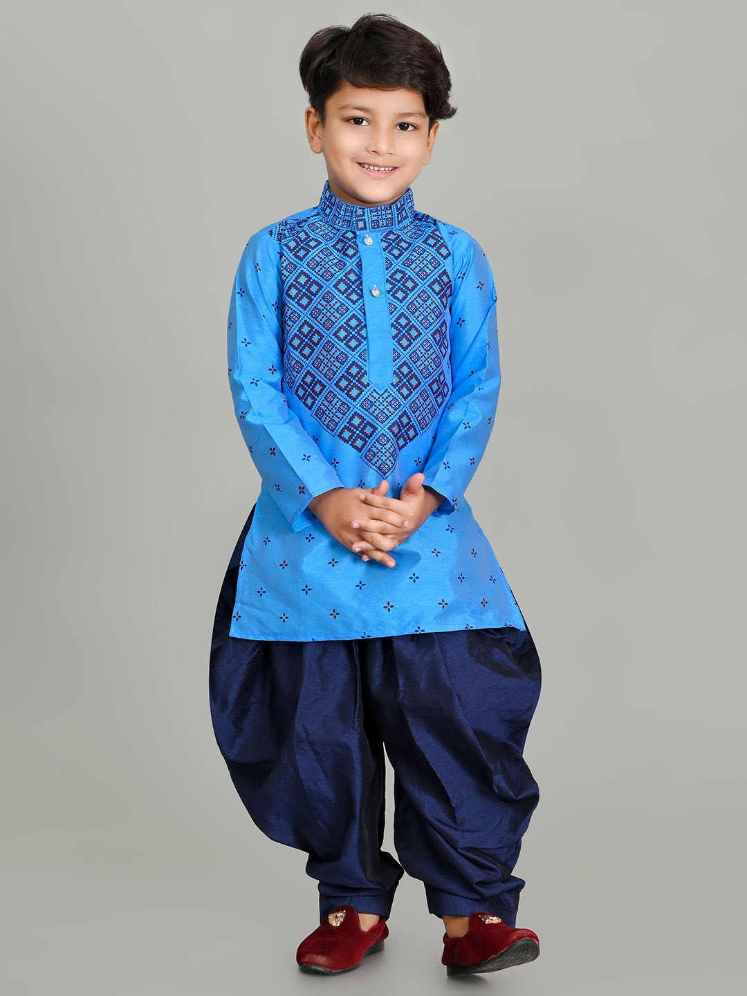 

BAESD Boys Geometric Printed Dupion Silk Straight Kurta With Patiala, Blue