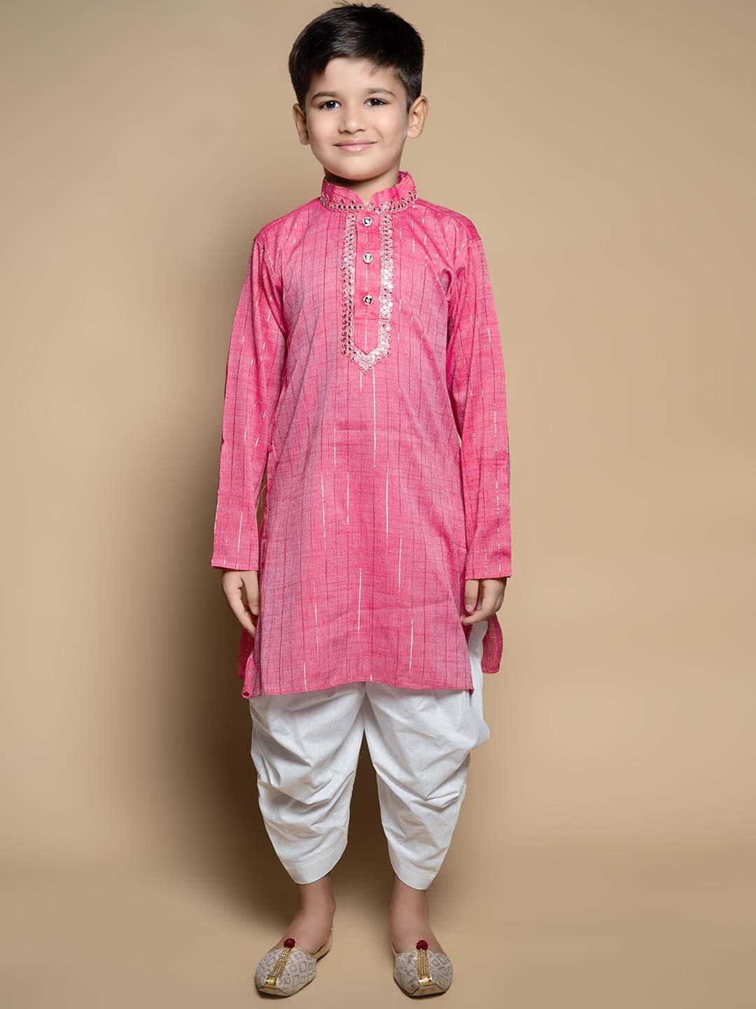 

BAESD Boys Embroidered Mandarin Collar Mirror Work Kurta with Patiala, Pink