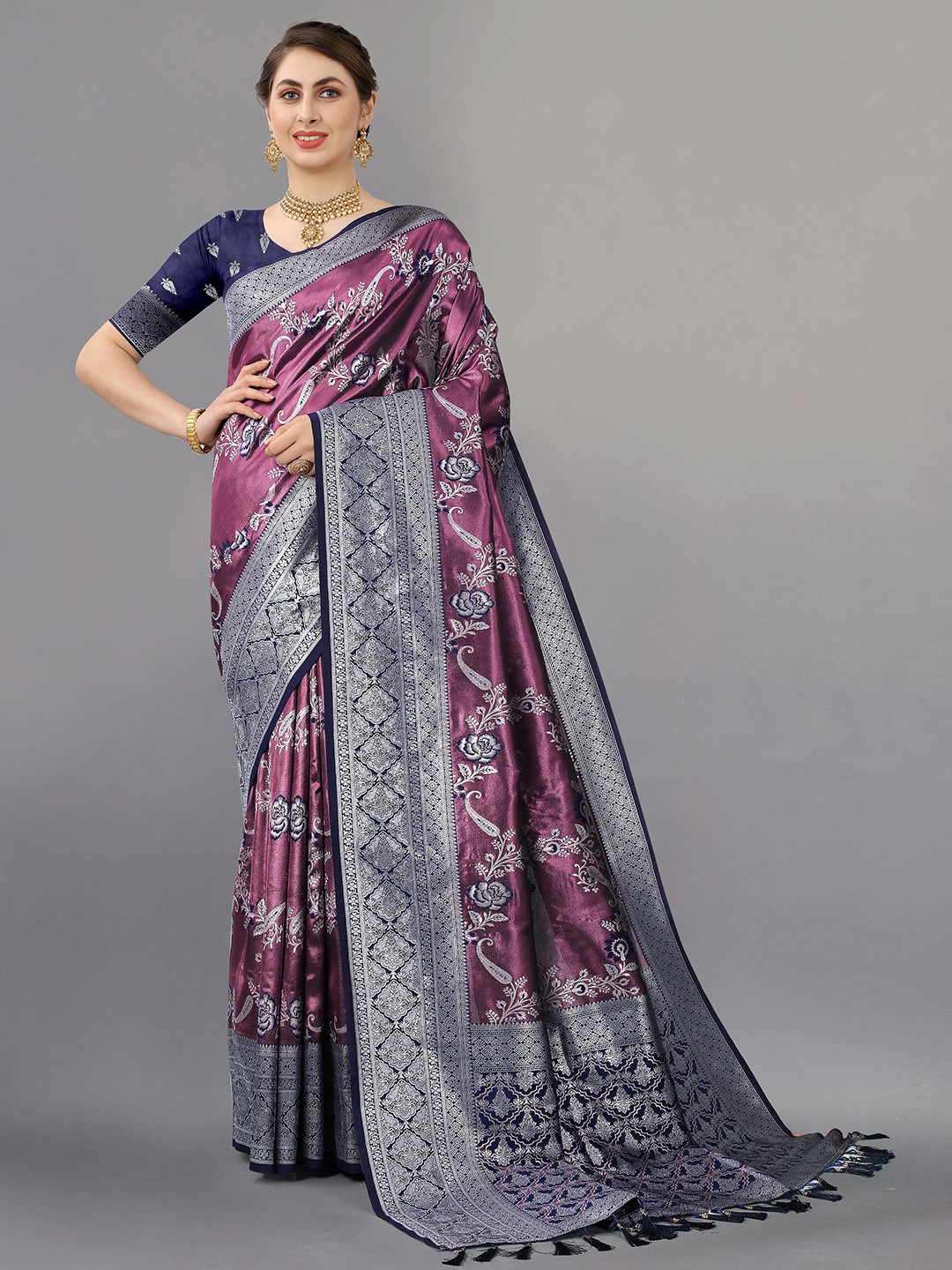 

NIWAA Floral Zari Pure Silk Tussar Saree, Purple