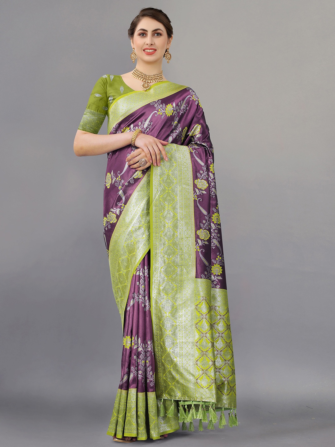 

NIWAA Floral Zari Pure Tussar Silk Saree, Purple