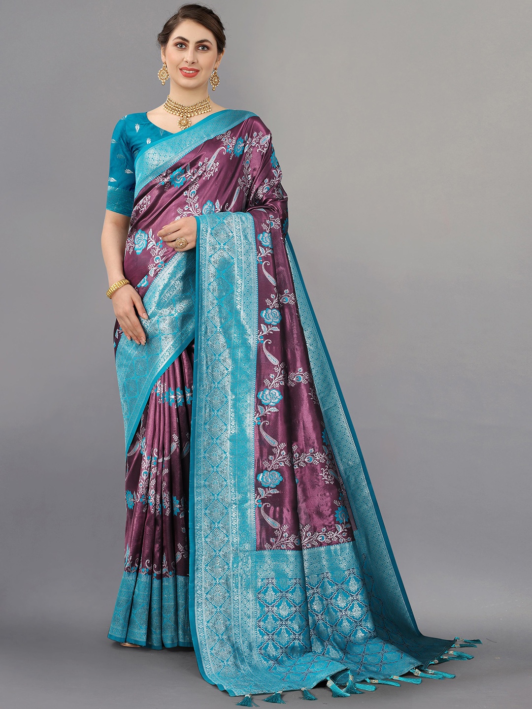 

NIWAA Floral Zari Pure Silk Tussar Saree, Purple