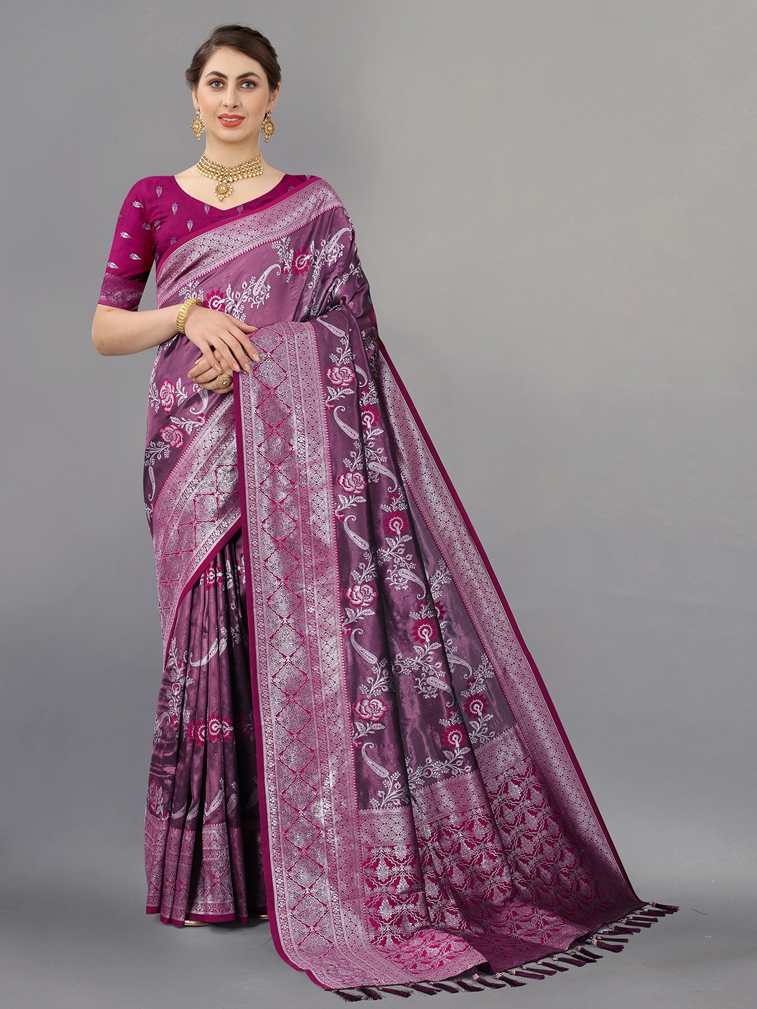 

NIWAA Floral Zari Pure Silk Tussar Saree, Purple