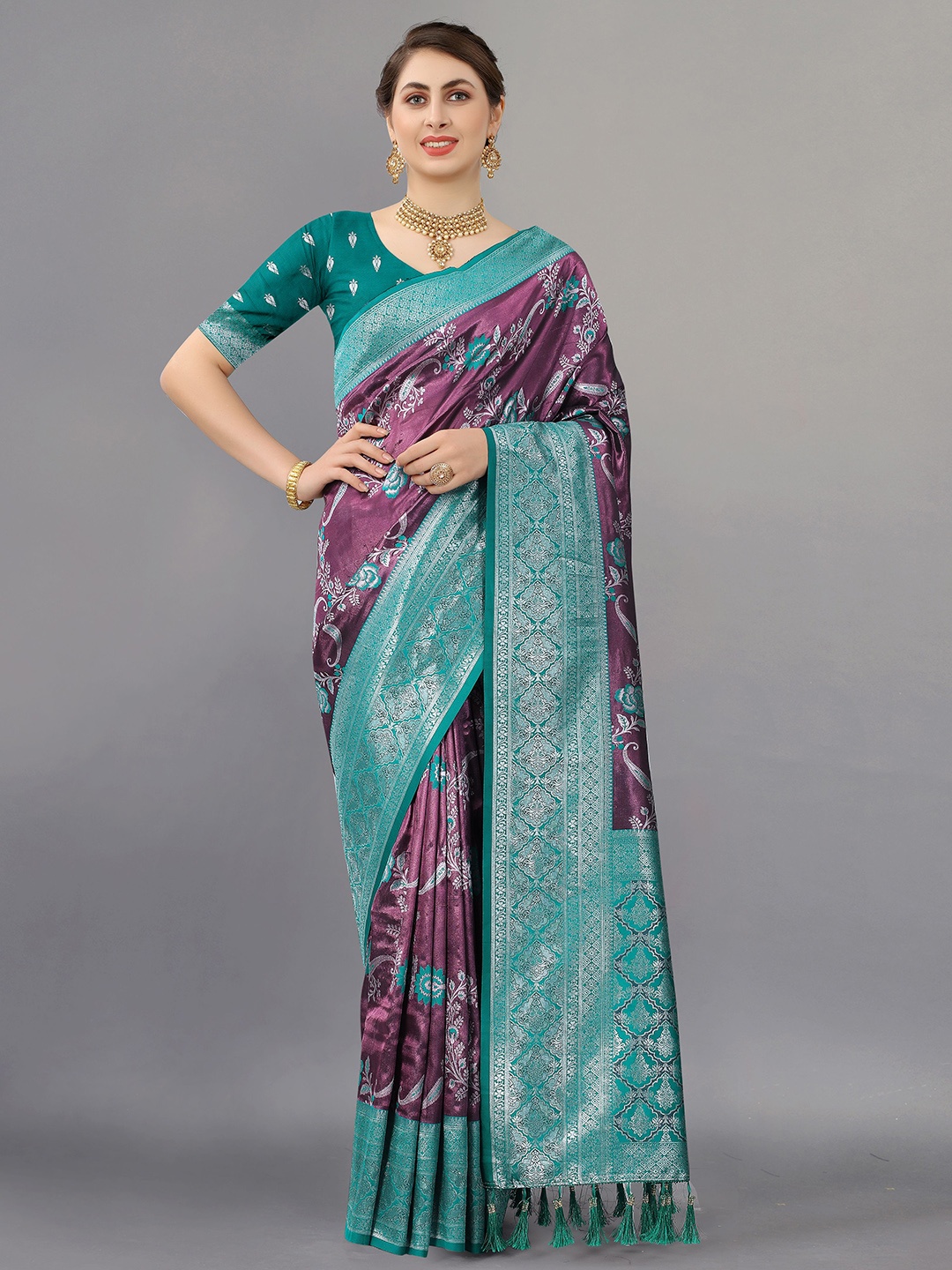 

NIWAA Floral Zari Pure Silk Tussar Saree, Purple