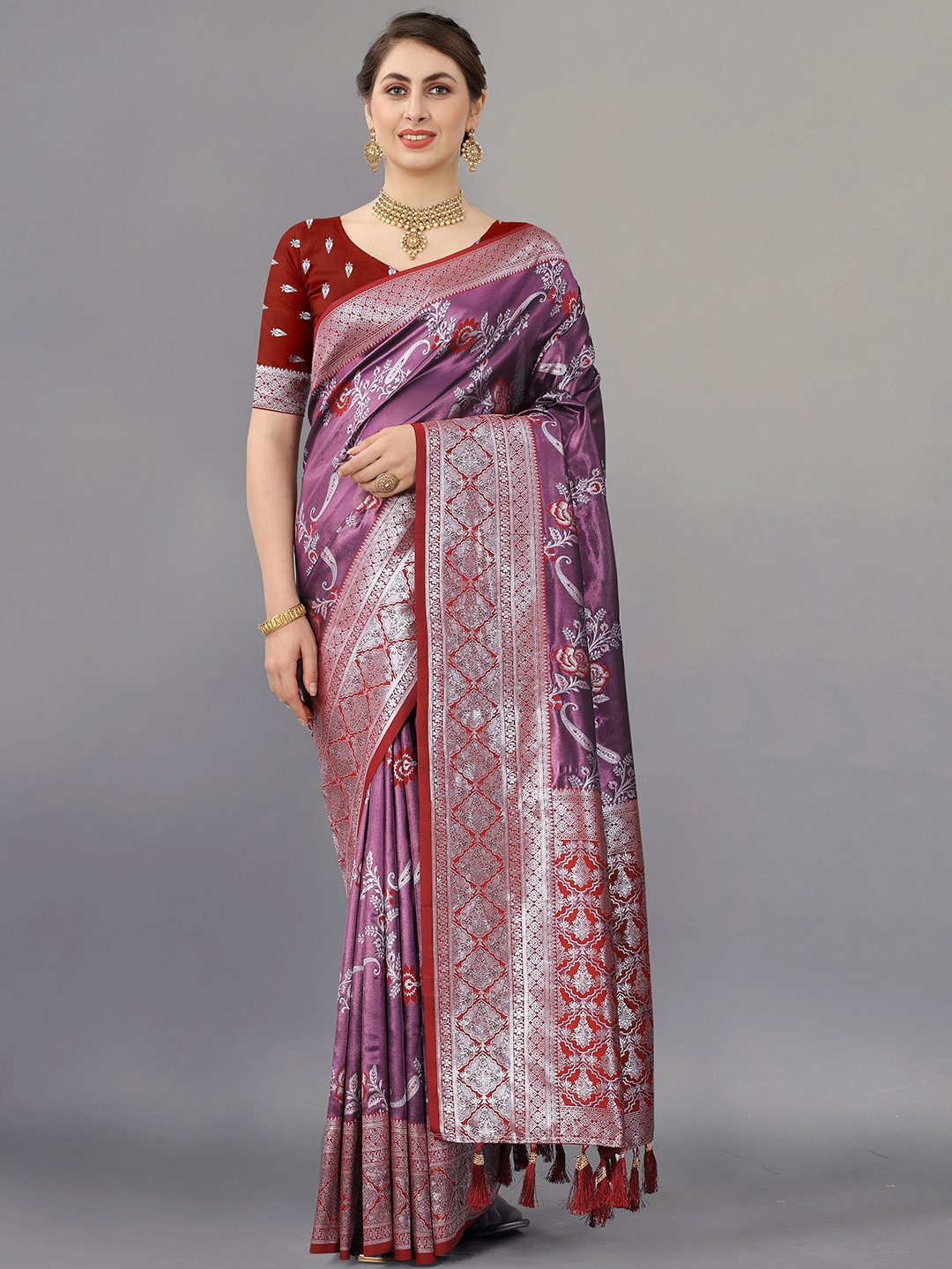 

NIWAA Floral Zari Pure Silk Tussar Saree, Purple