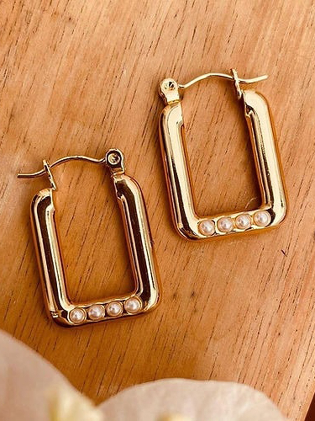 

VIEN Gold-Plated Beaded Square Shaped Hoop Earrings