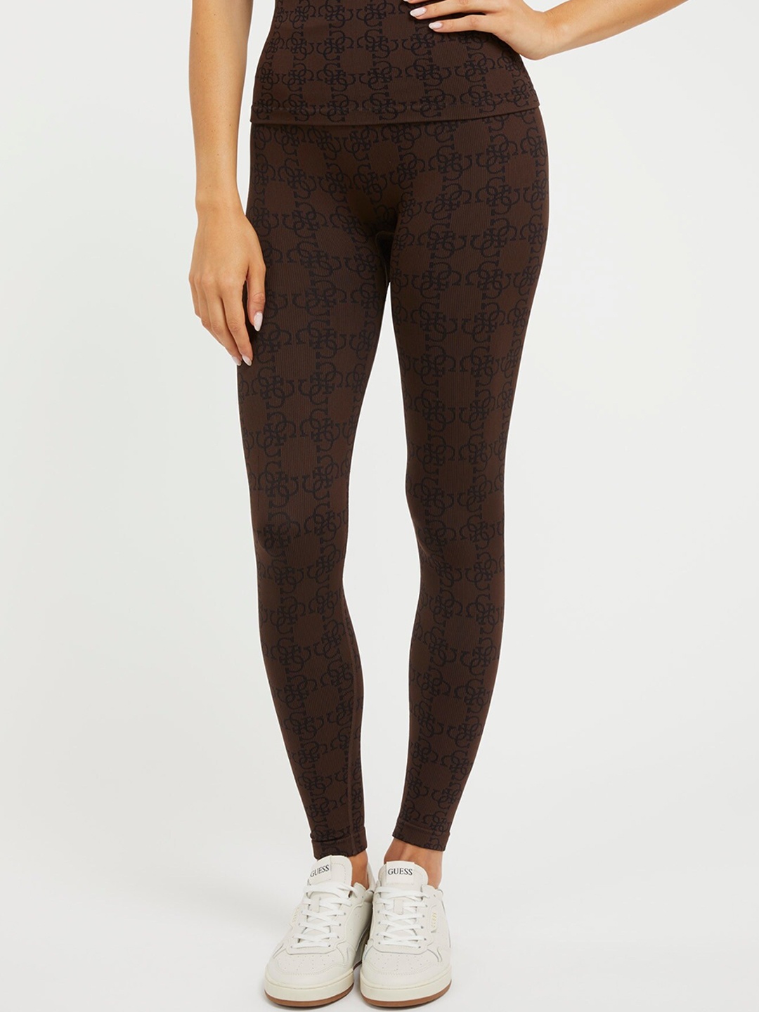 

GUESS Women 4G Logo Printed Ankle-Length Gym Tights, Brown