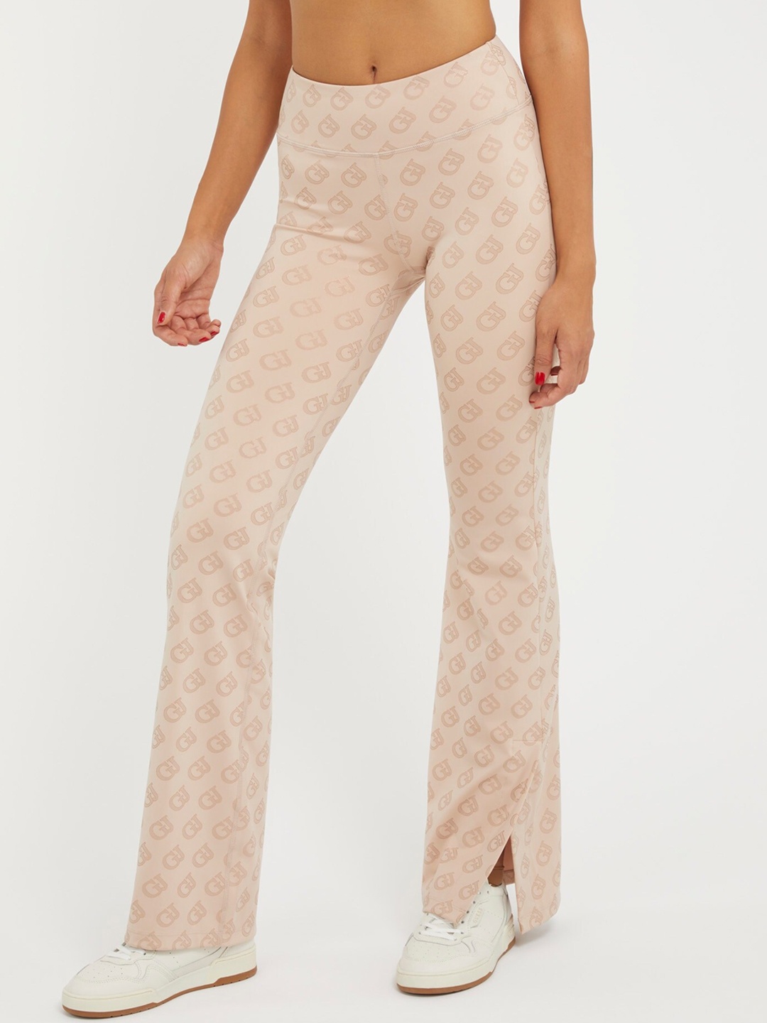 

GUESS Women Brand Logo Printed Slim Fit Mid-Rise Track Pants, Beige