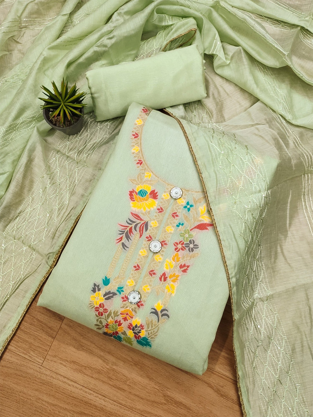 

Panzora Embellished Unstitched Dress Material, Green