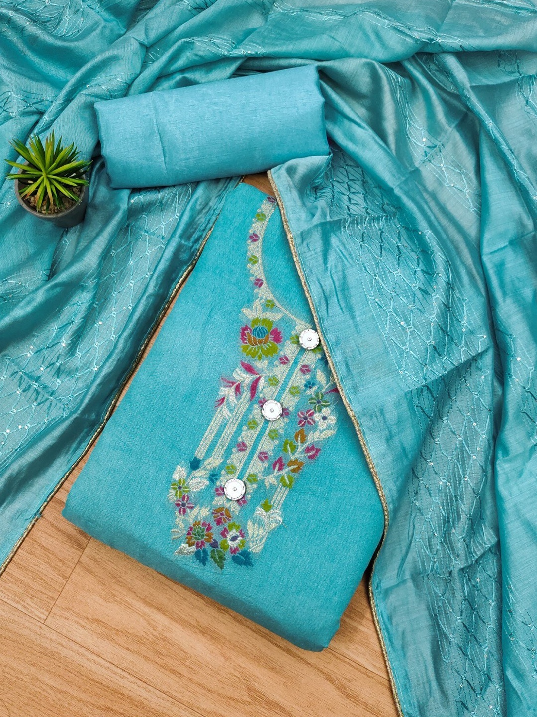 

Panzora Embellished Unstitched Dress Material, Blue