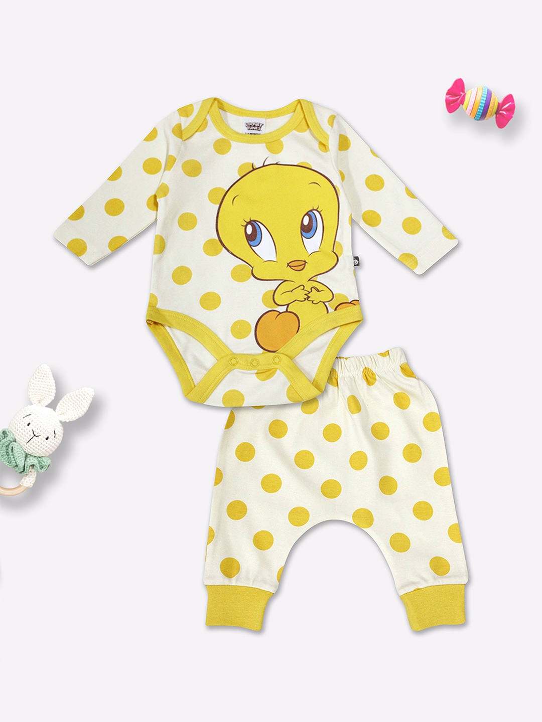 

Moms Love Infants Tweety Printed Pure Cotton Bodysuit With Trousers, Cream
