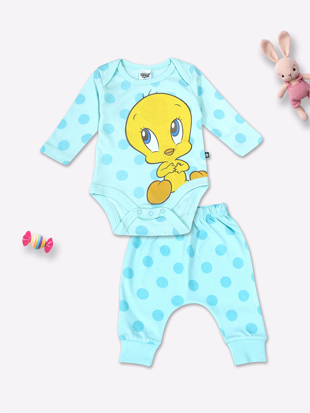 Moms Love Infants Tweety Printed Pure Cotton Bodysuit With Trousers, Turquoise blue
