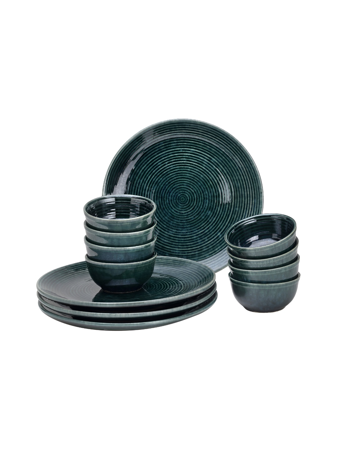 

BODHI HOUSE Green & 12 Pieces Handcrafted and Hand Painted Stoneware Glossy Dinner Set