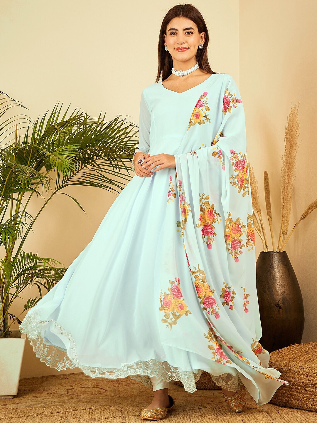 

BLACK SCISSOR Georgette Anarkali Kurta with Printed Dupatta, Blue