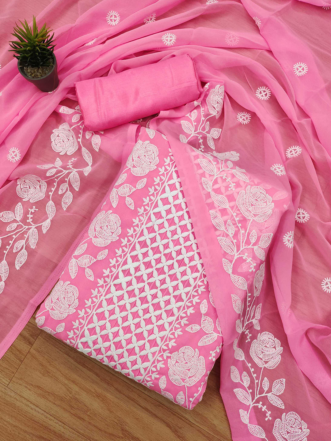 

Panzora Floral Embroidered Unstitched Dress Material, Pink