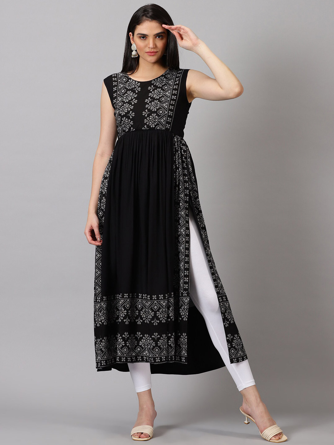 

KALINI Ethnic Motifs Printed Sleeve Less Side Slit Kurta, Black