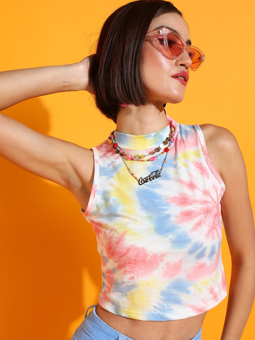 

SHECZZAR Peach-Coloured Tie and Dye High Neck Cotton Crop Top