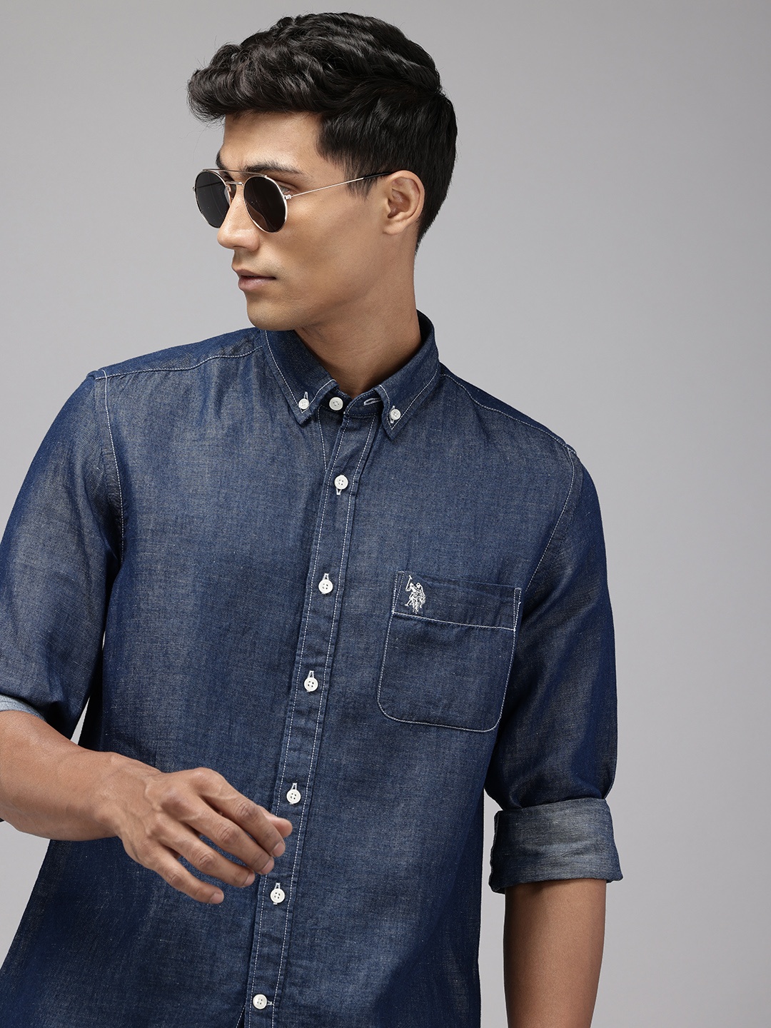 

U.S. Polo Assn. Denim Co. Cotton Linen Chambray Slim Fit Opaque Casual Shirt, Navy blue