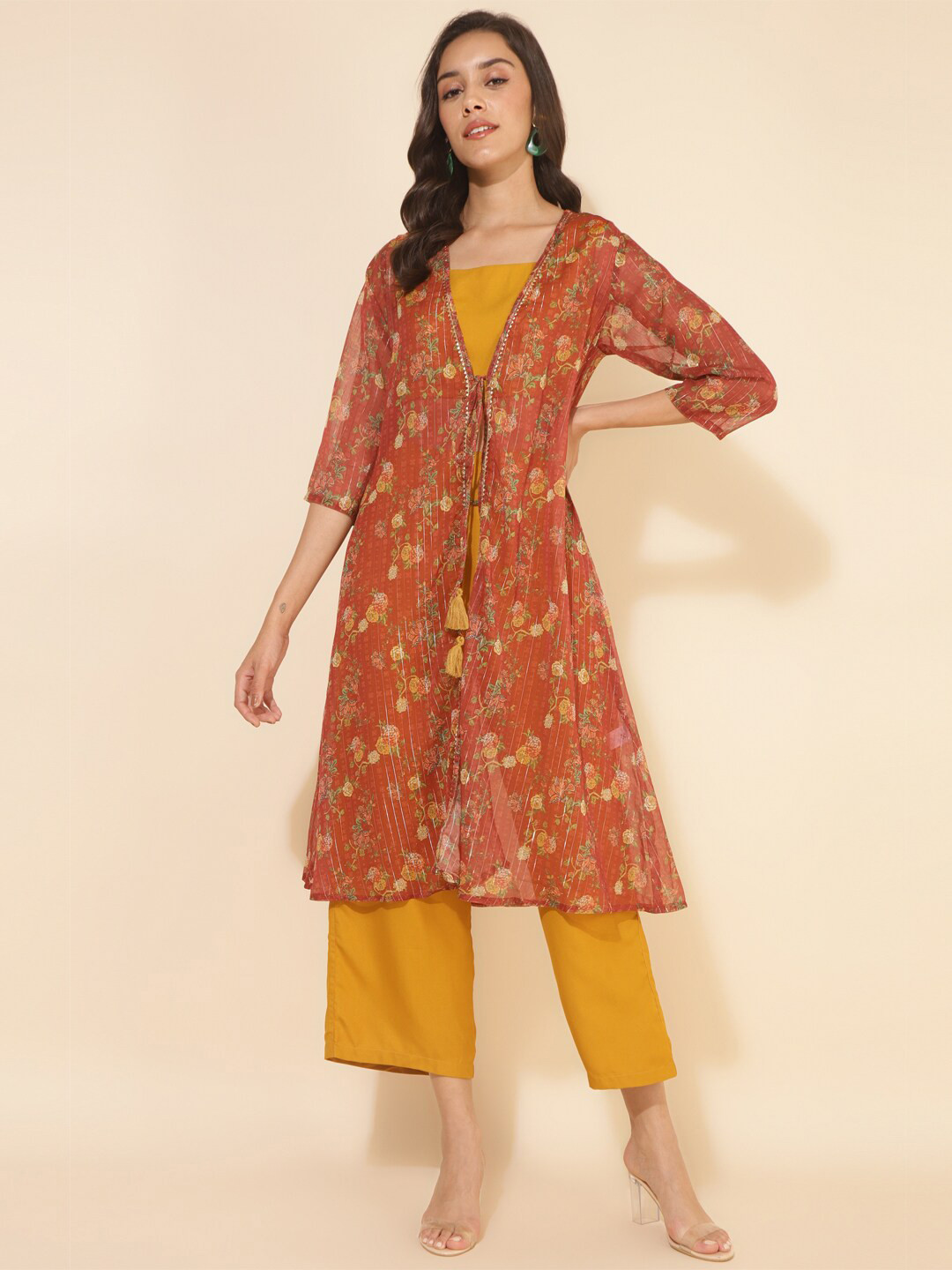 

Janasya Floral Printed Gotta patti Detail A Line Jacket With Crop Top & Trouser, Mustard