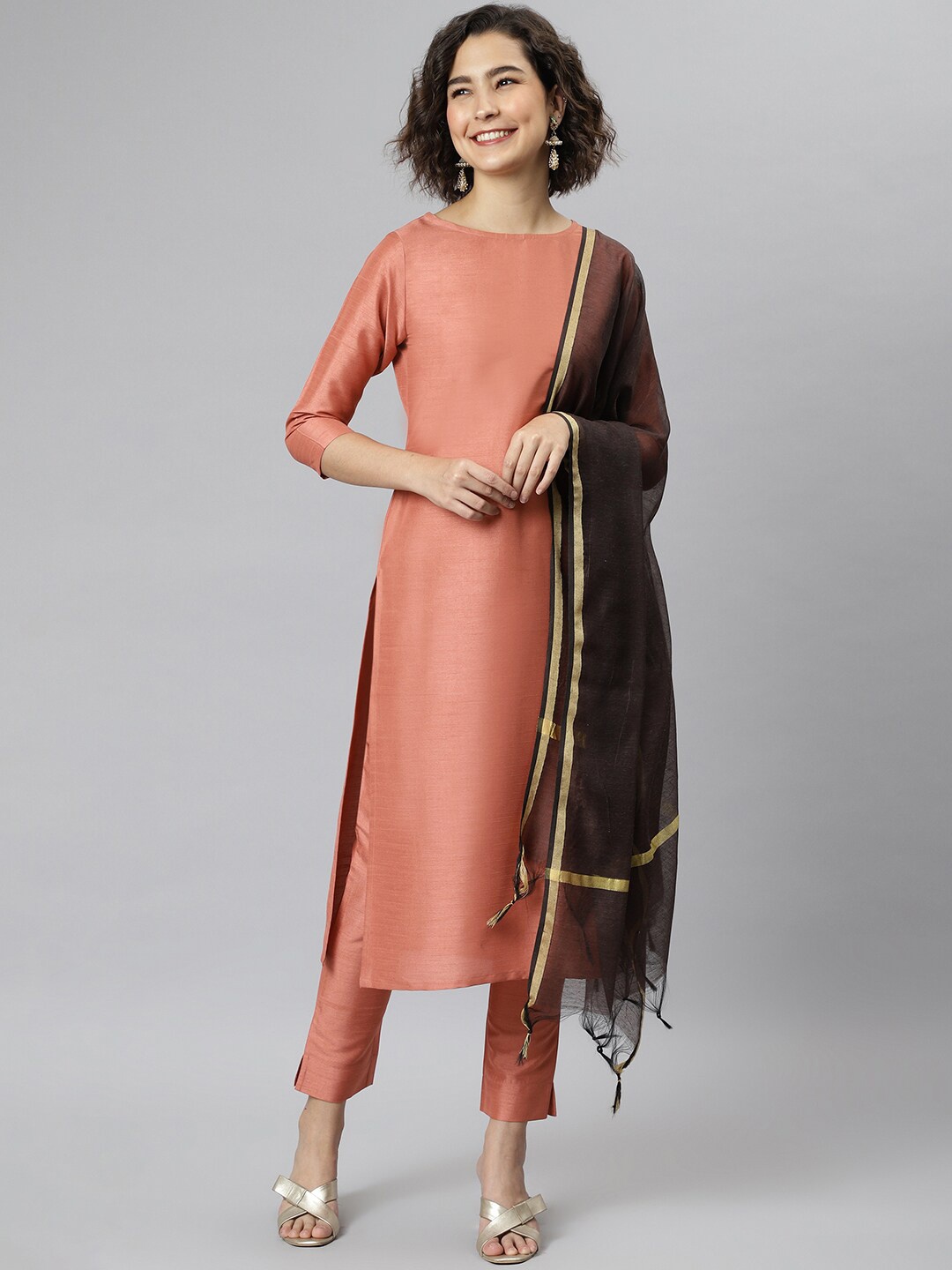 

Janasya Women's Peach Poly Silk Solid Kurta with Pant and Dupatta