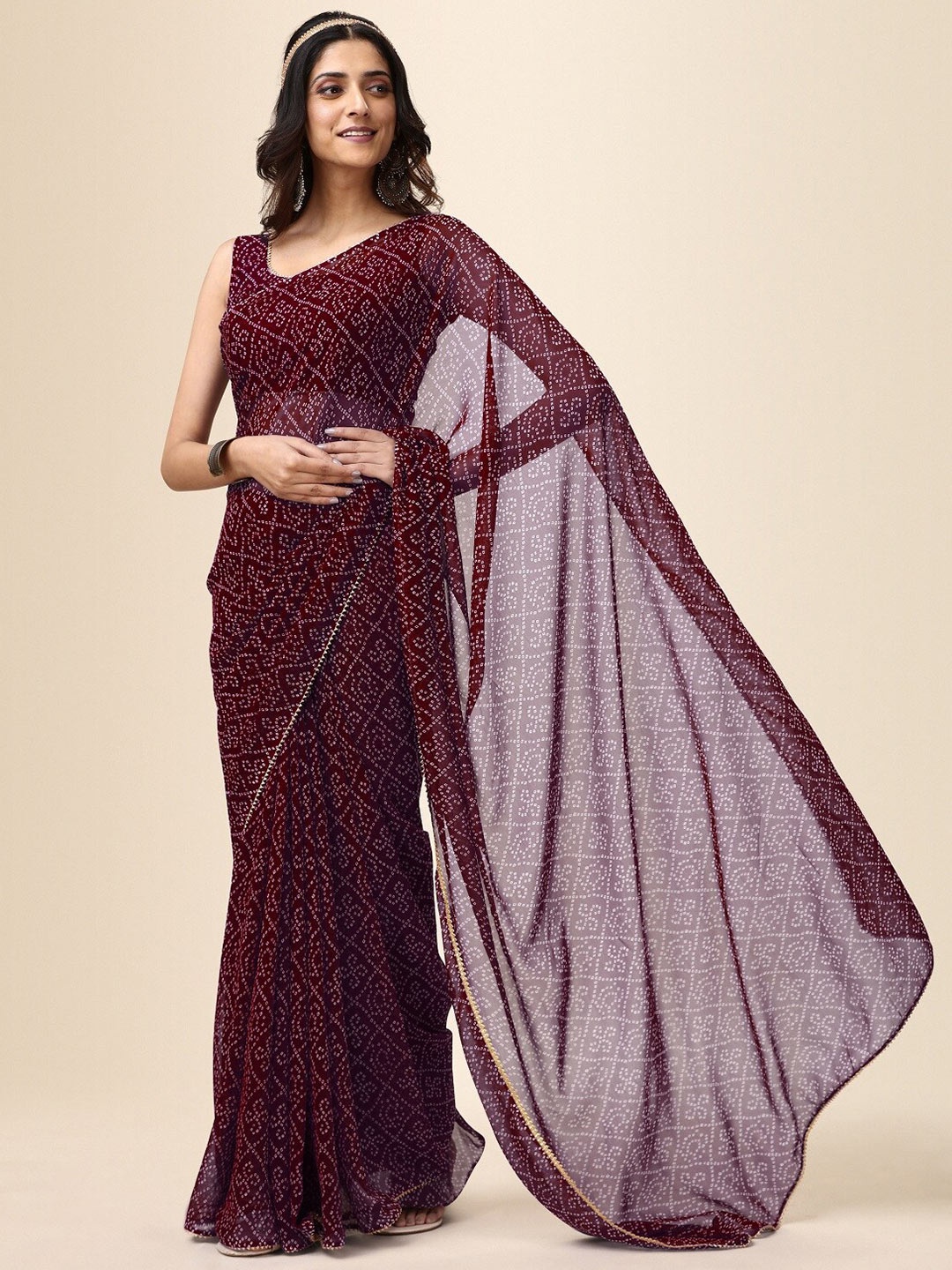 

RadadiyaTRD Bandhani Gotta Patti Pure Georgette Bandhani Saree, Brown