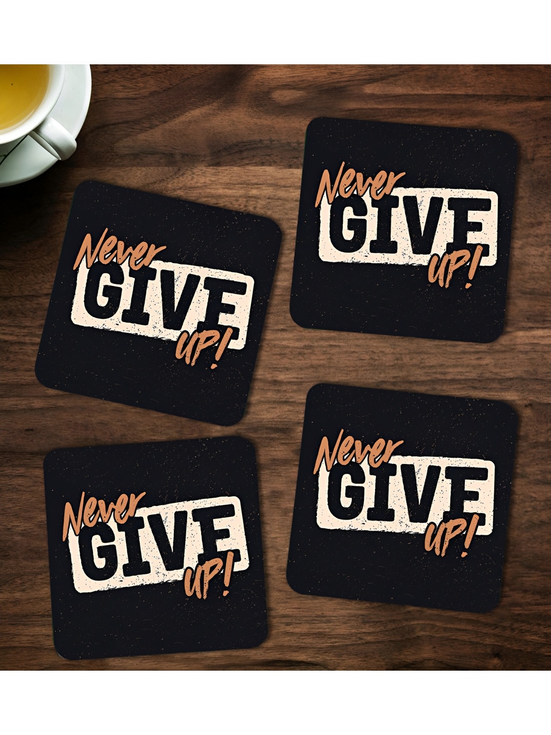 

ARTBUG 4 Pieces Black & Peach Never Give Up Printed Coasters