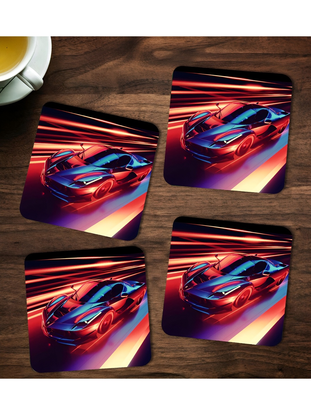 

ARTBUG 4 Pieces Blue & Red Car Printed Coasters