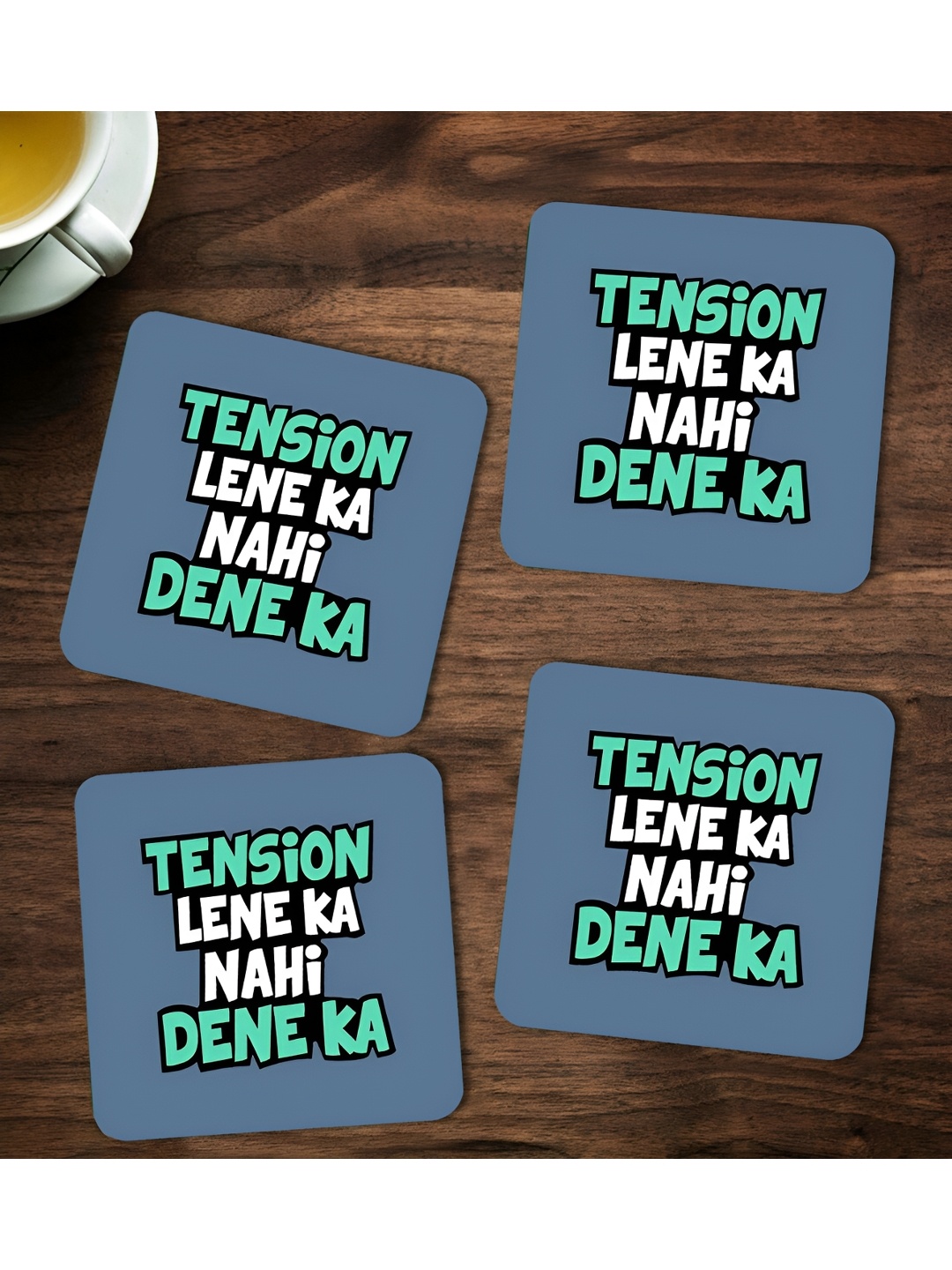 

ARTBUG Grey & White 4 Pieces Tension Lene Ka Nahi Dene ka Printed Wooden Coasters