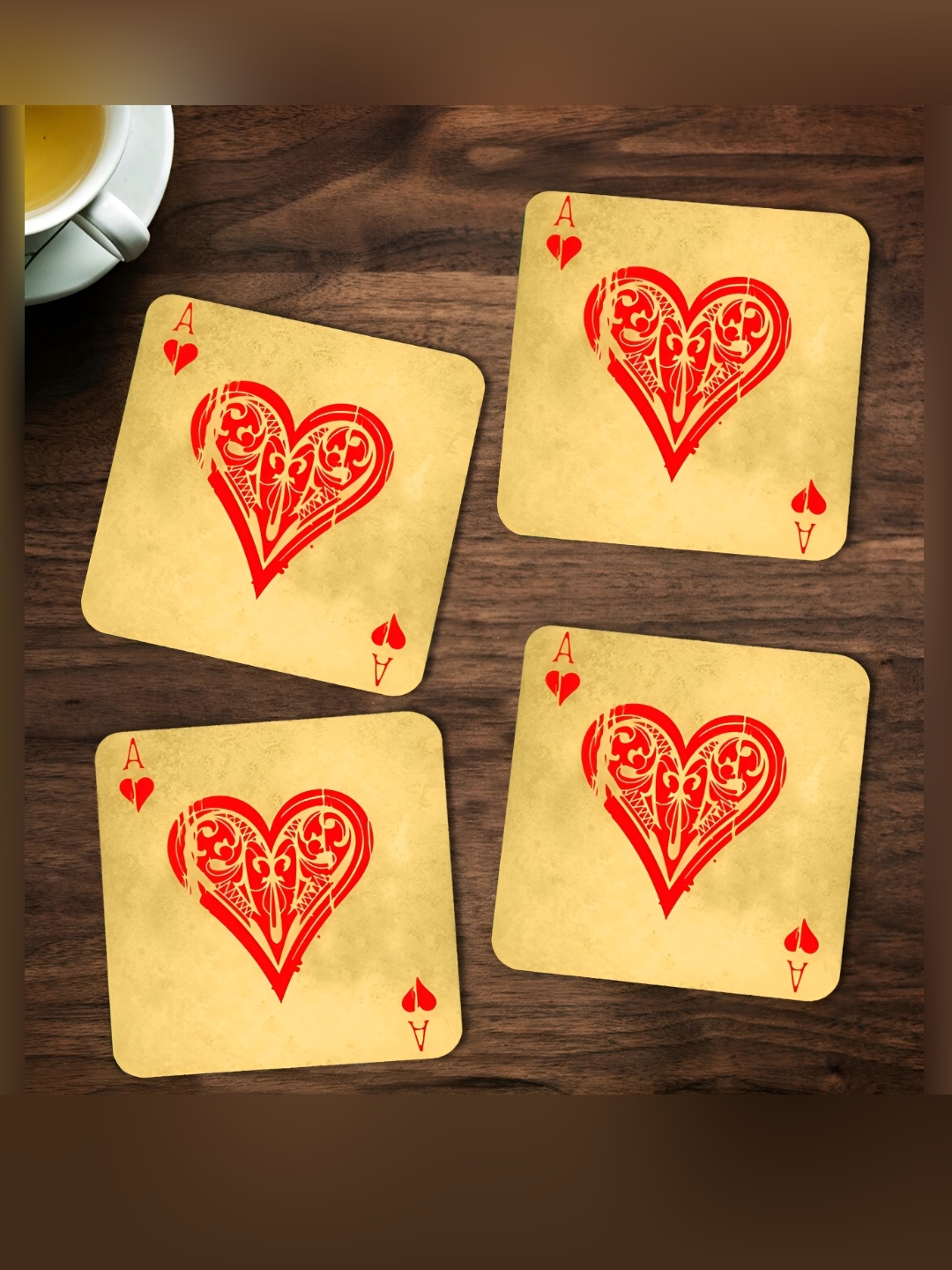 

ARTBUG Beige & Orange 4 Pieces Ace Of Hearts Printed Wooden Coasters