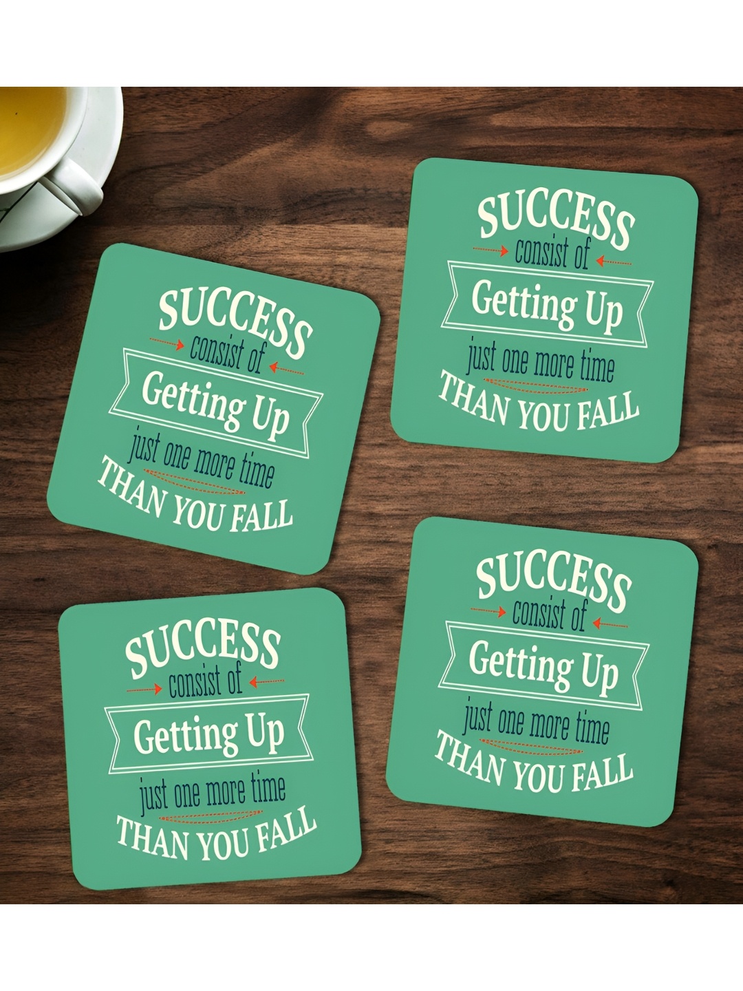 

ARTBUG Green & White 4 Pieces Success Consist Of Getting Printed Wooden Coasters