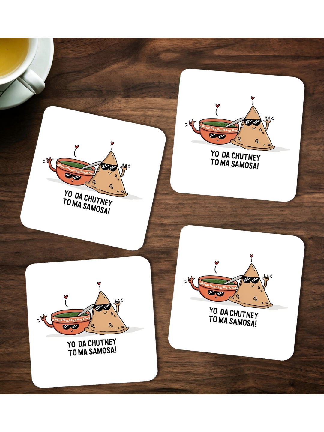 

ARTBUG White & Black 4 Pieces Yo Da Chutney To Ma Samosa Printed Wooden Coasters