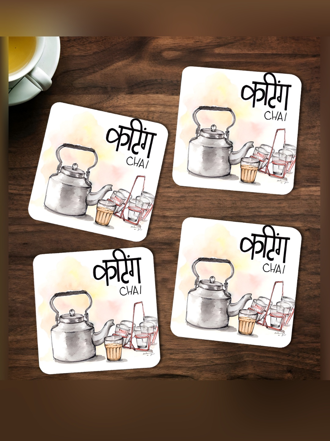 

ARTBUG White & Pink 4 Pcs Cutting Chai Wooden Printed Coasters