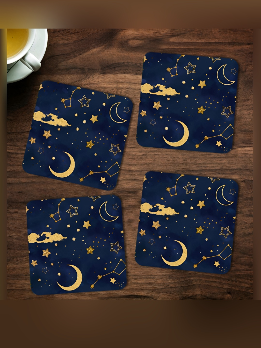 

ARTBUG Blue & Beige 4 Pcs Moon and stars Printed Wooden Coasters
