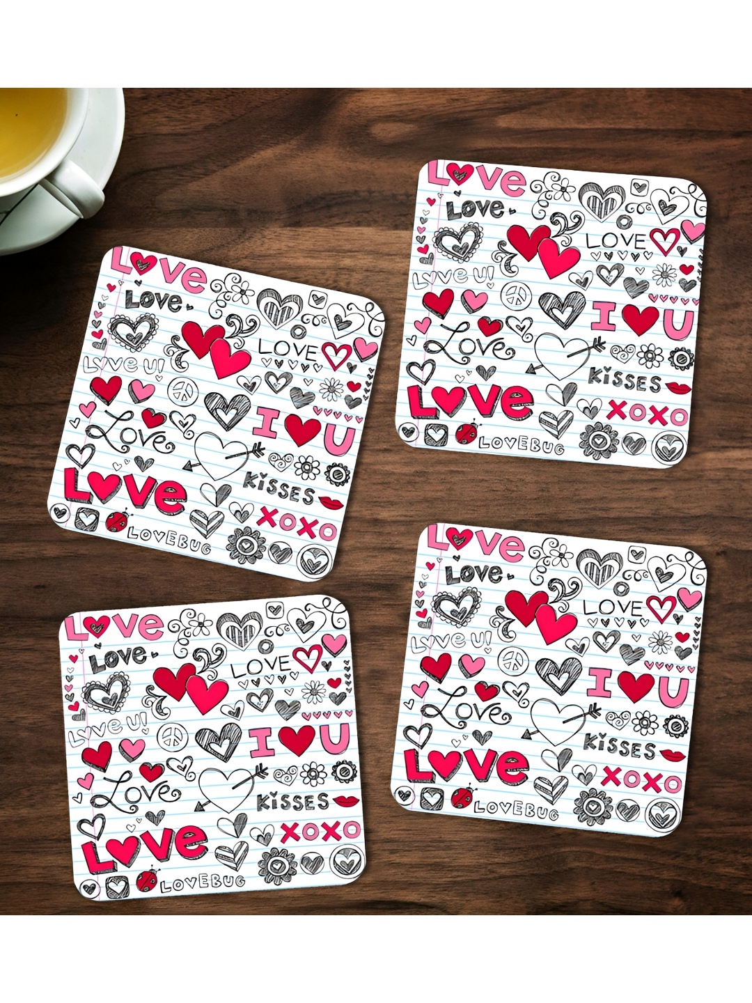 

ARTBUG White & Red 4 Pcs Printed Wooden Coasters