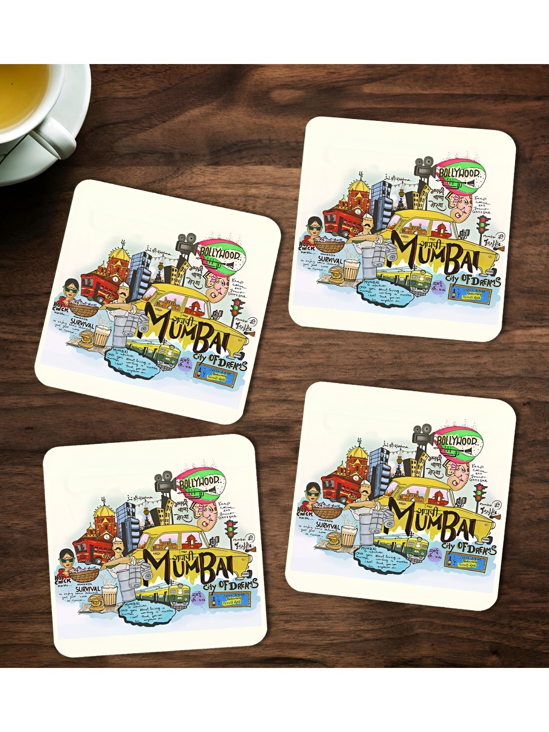 

ARTBUG White & Yellow 4 Pcs Printed Wooden Coasters