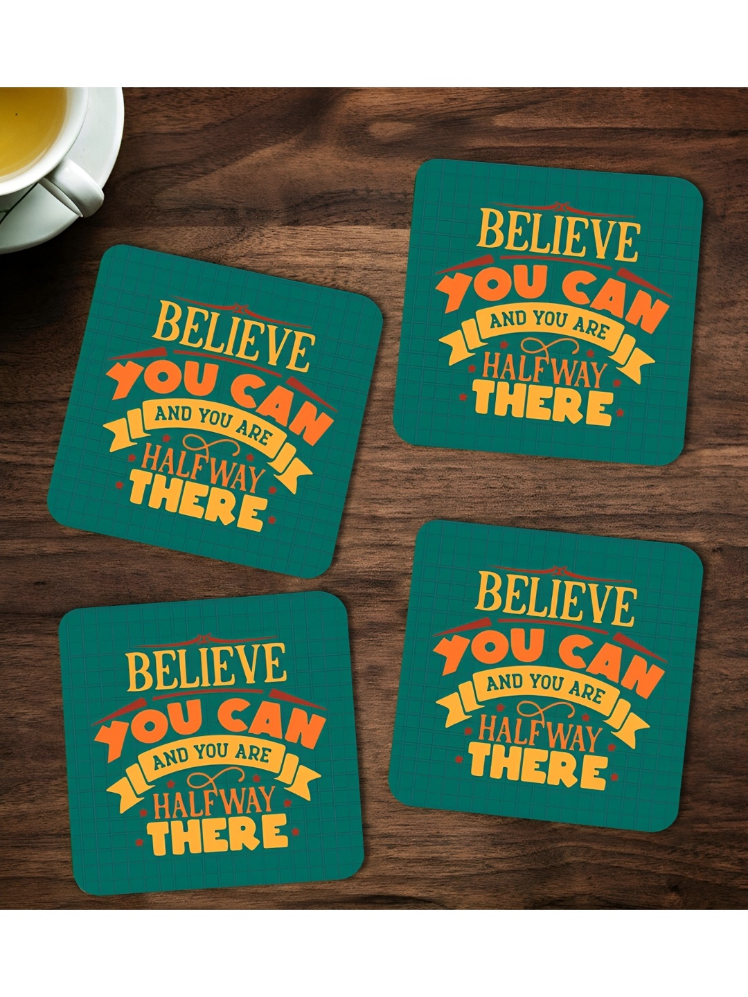 

ARTBUG Green & Yellow 4 Pcs Printed Wooden Coasters