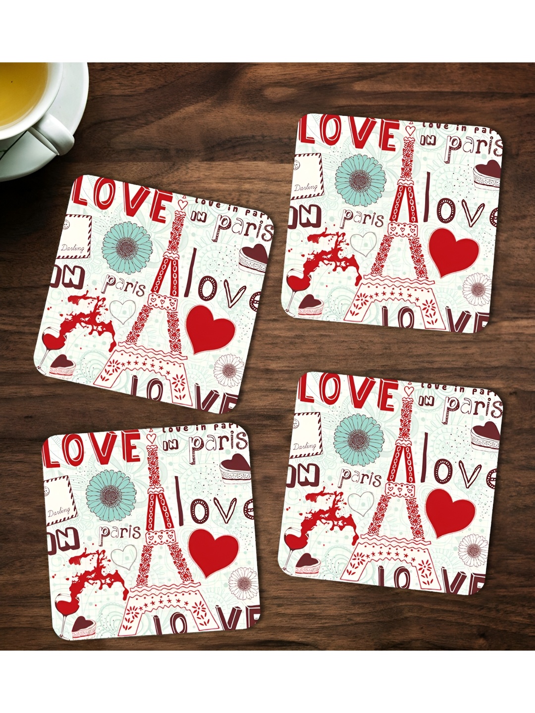 

ARTBUG White & Red 4 Pieces Printed Wooden Coasters