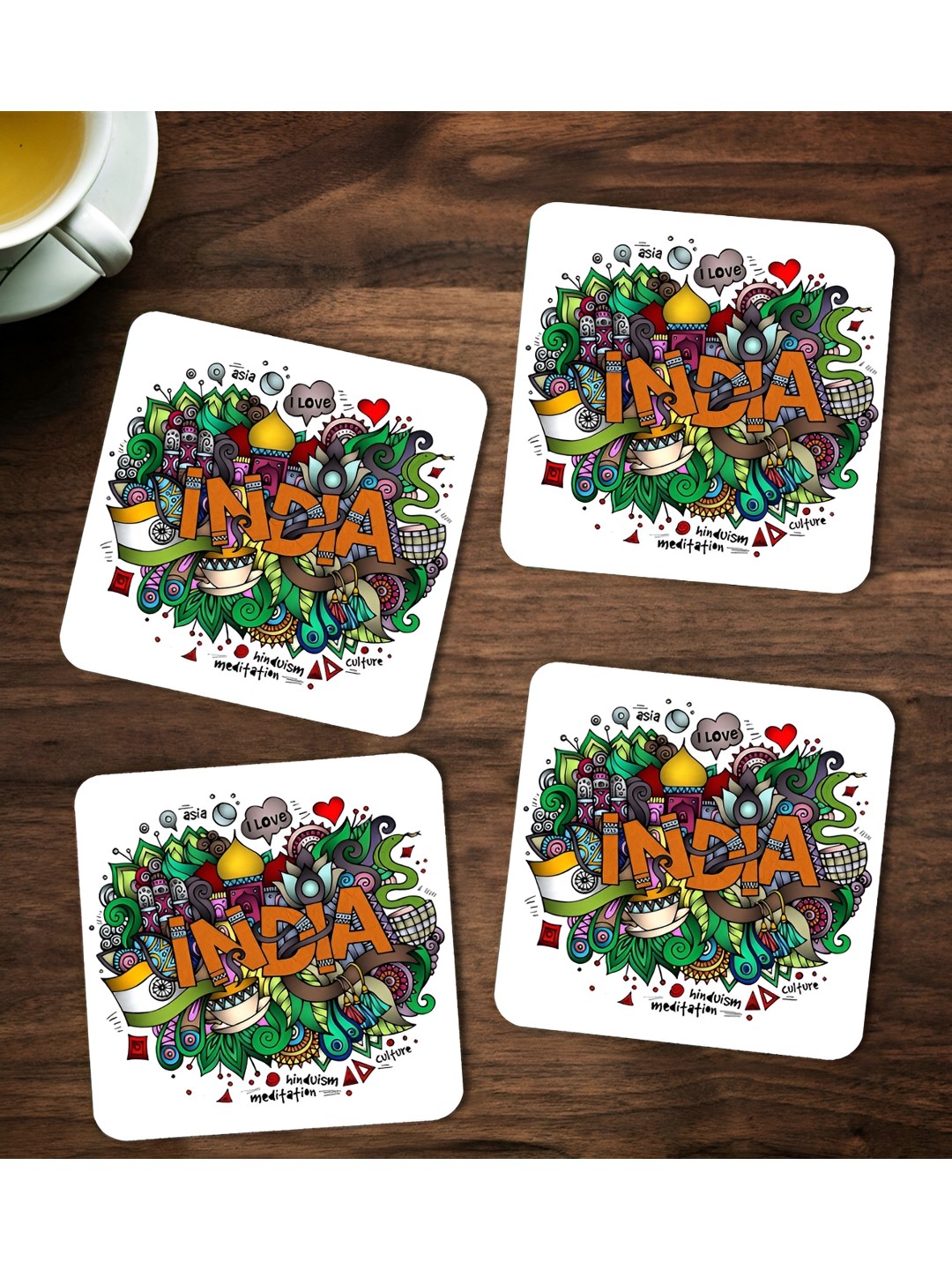 

ARTBUG White & Green 4 Pieces Printed Square Wooden Coasters